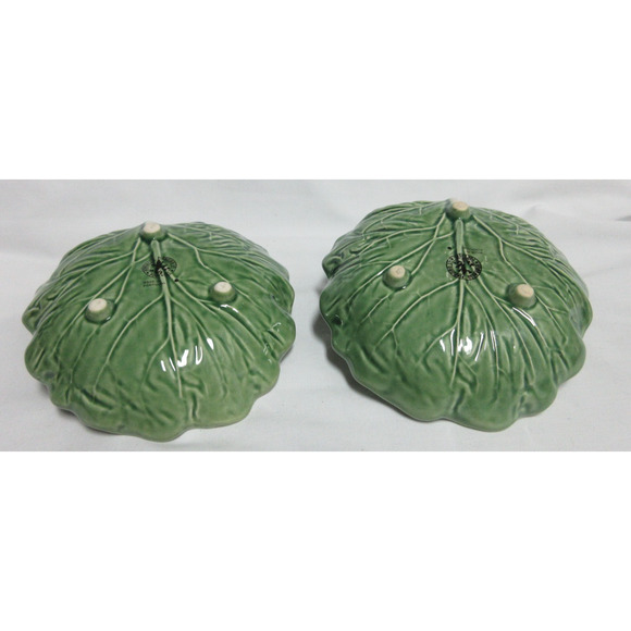2 Bordallo Pinheiro Cabbage Green Bon Bon Footed Dish 7" Set Vintage Circa 1998 - Picture 4 of 6